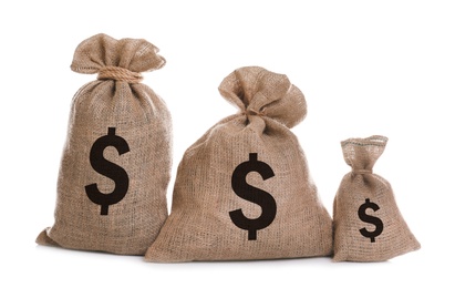 Image of Burlap bags with dollar signs on white background