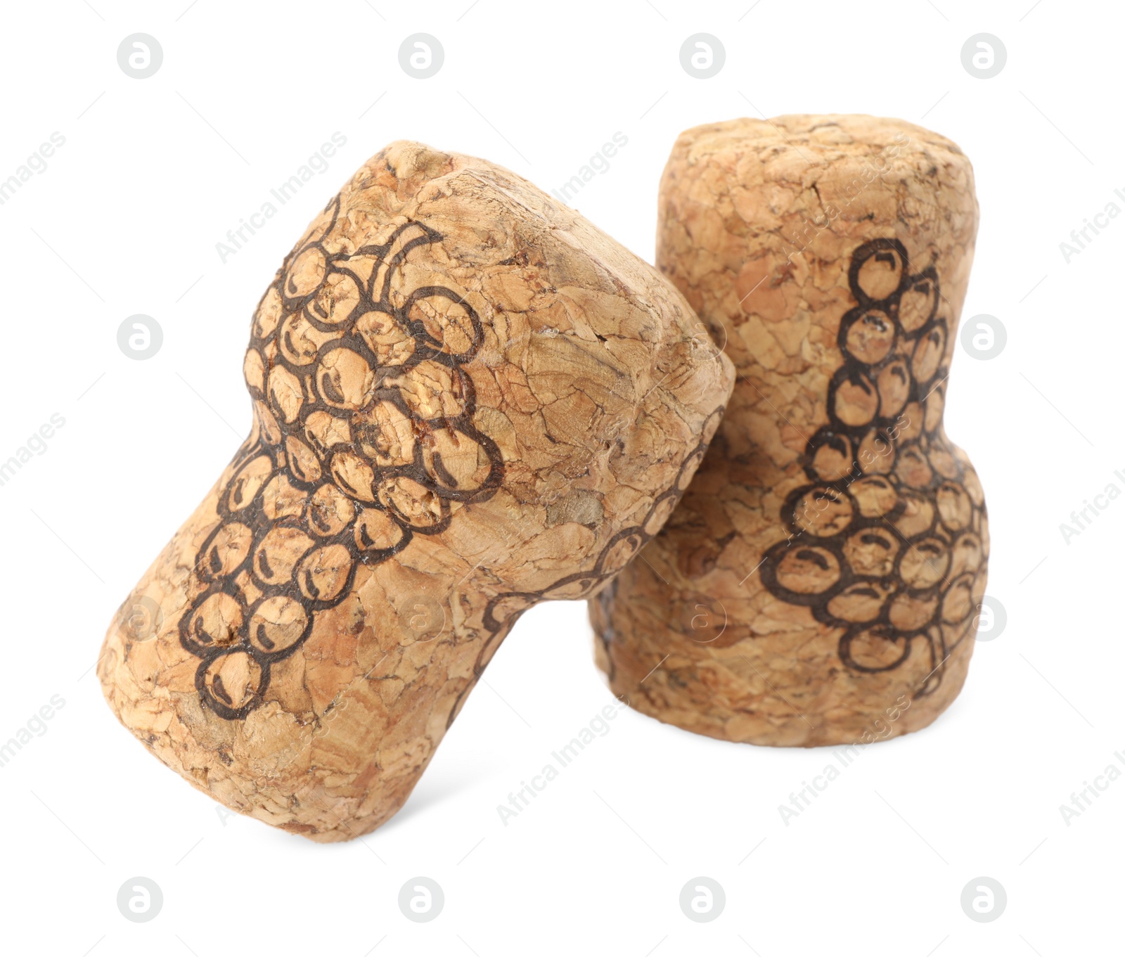 Photo of Two sparkling wine corks with grape images on white background