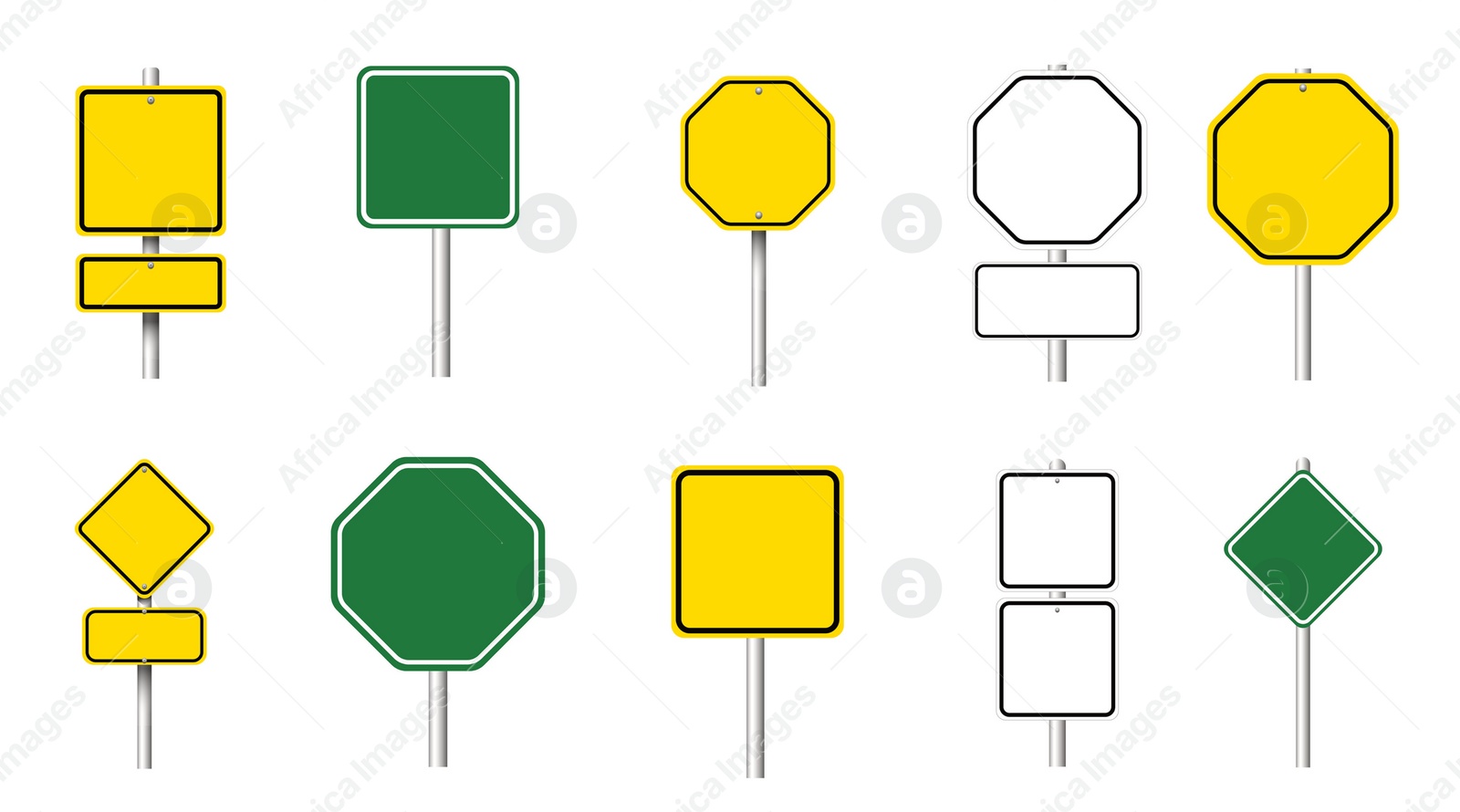 Image of Different blank road signs on white background, collage design