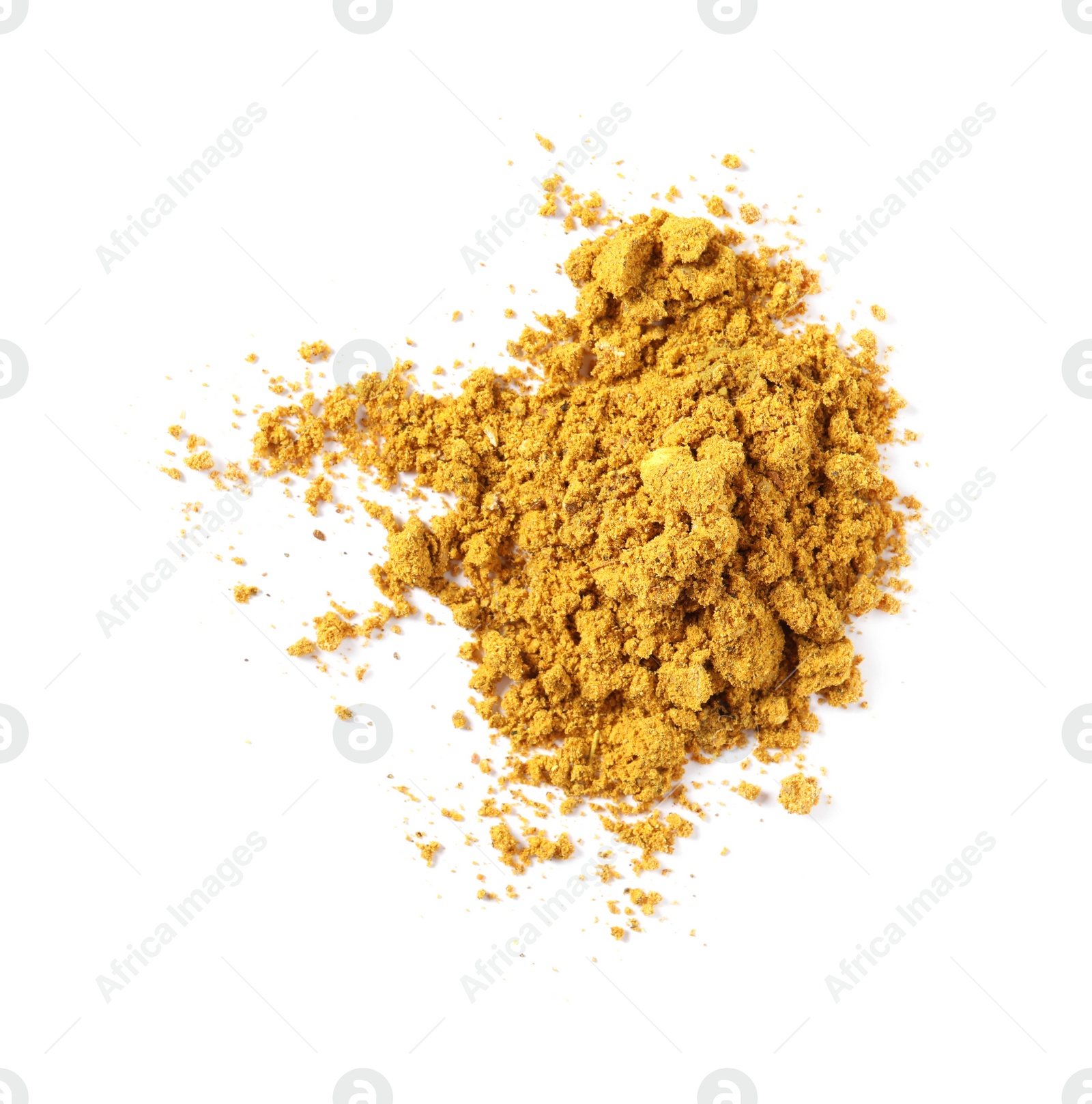 Photo of Pile of dry curry powder isolated on white, top view