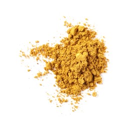 Photo of Pile of dry curry powder isolated on white, top view