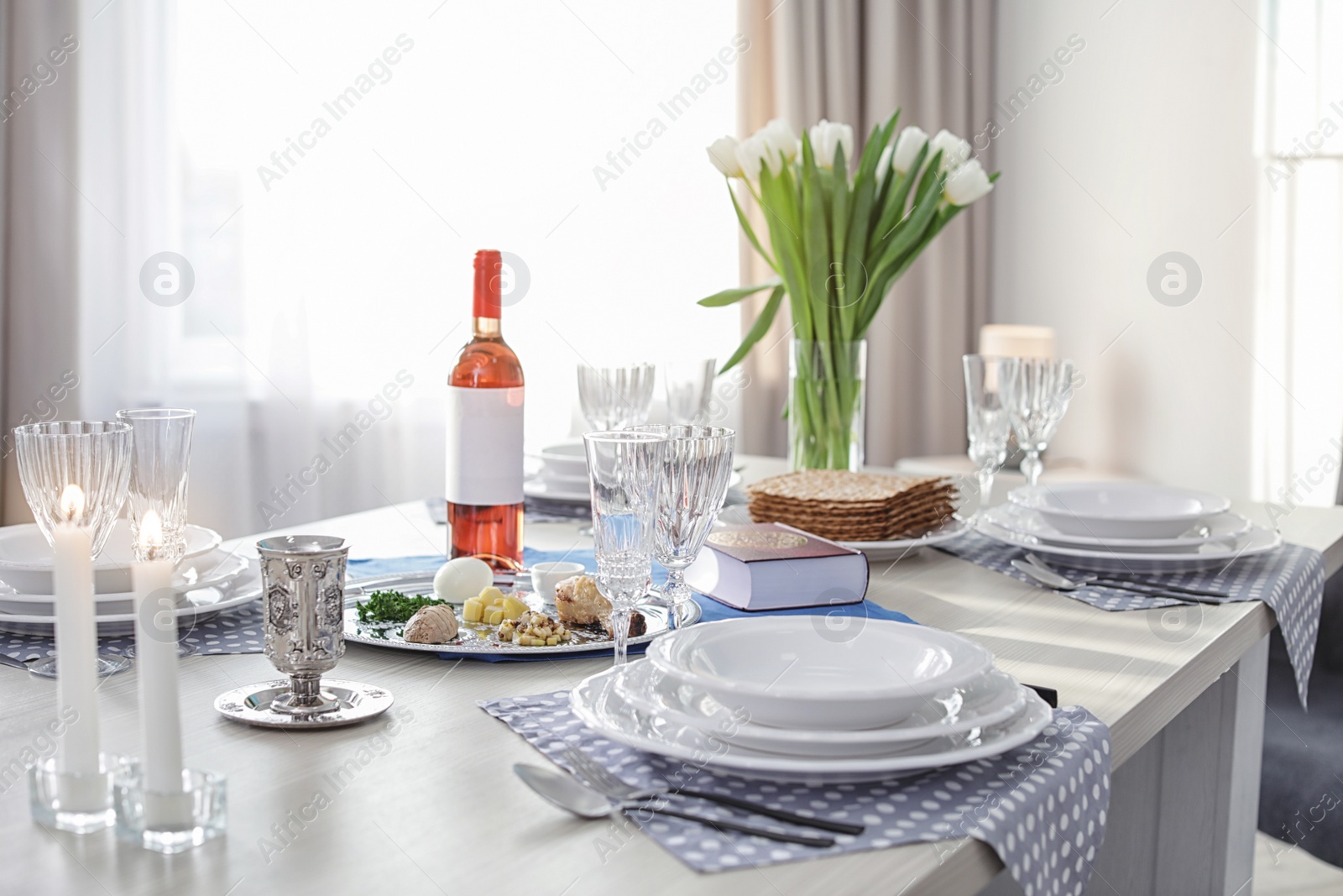 Photo of Table served for Passover (Pesach) Seder indoors