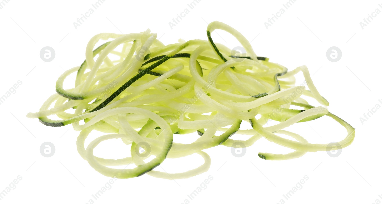 Photo of Delicious fresh zucchini pasta on white background