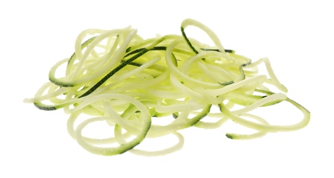 Photo of Delicious fresh zucchini pasta on white background