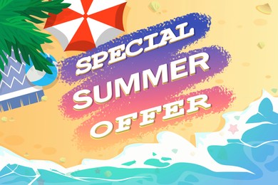 Illustration of Special summer offer flyer design.  sandy beach with ball, blanket, umbrella, palm and text