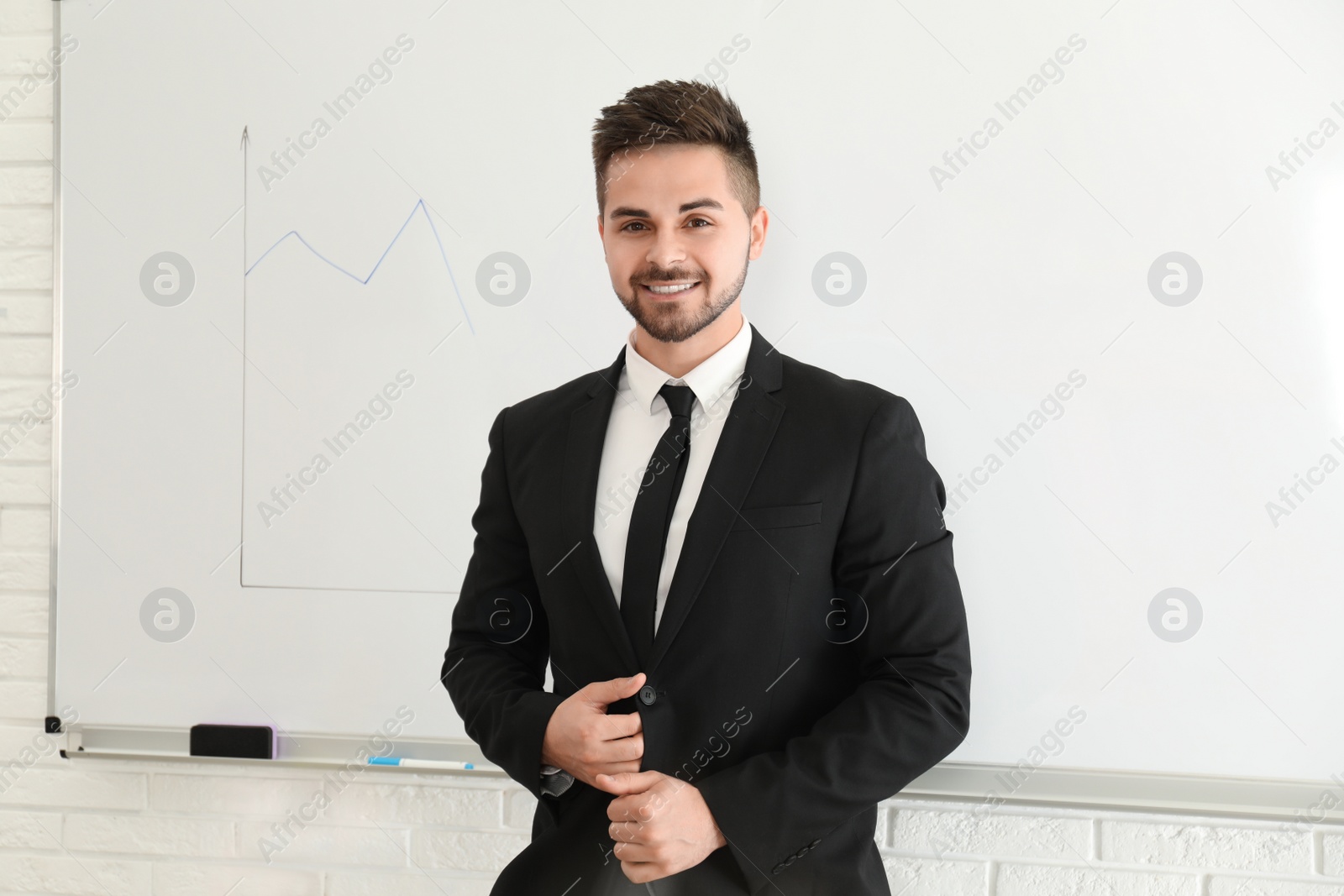 Photo of Professional business trainer near whiteboard in office