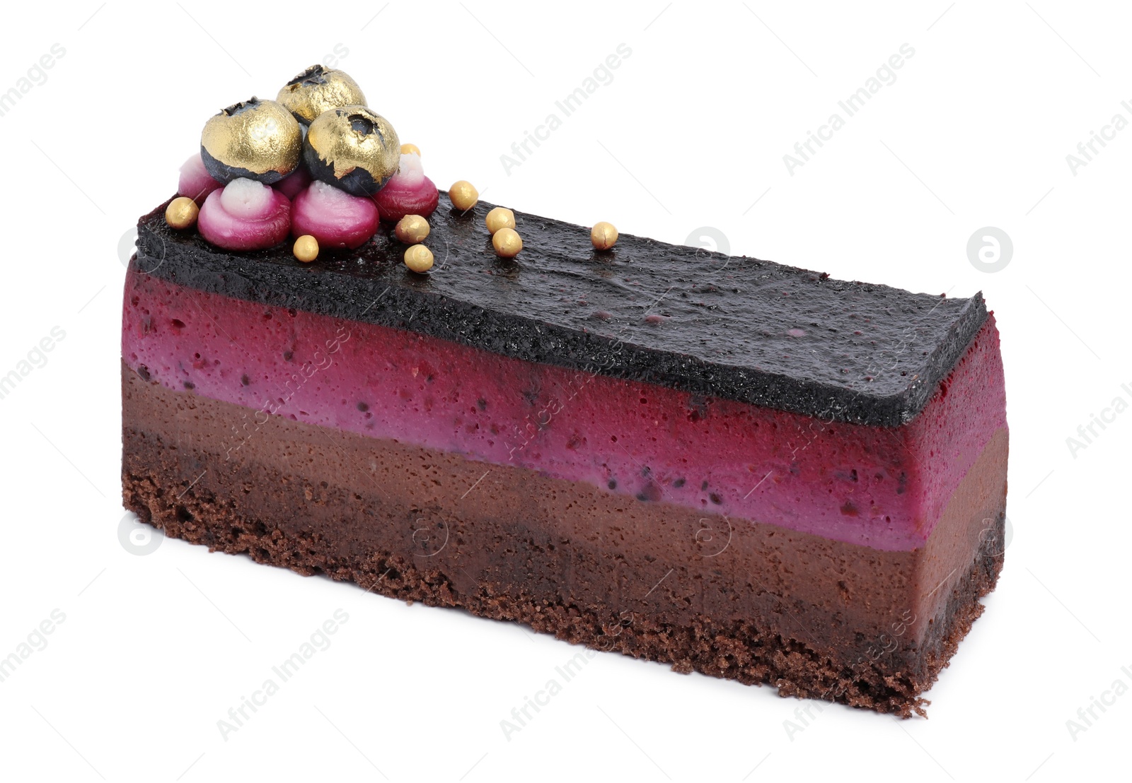 Photo of Piece of delicious cake with blueberry isolated on white