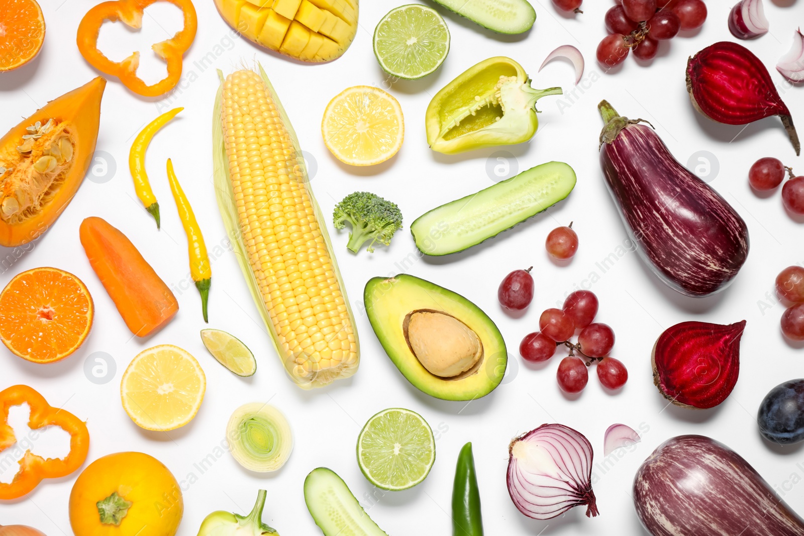 Photo of Composition with fresh organic fruits and vegetables on white background, top view