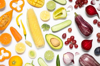 Photo of Composition with fresh organic fruits and vegetables on white background, top view