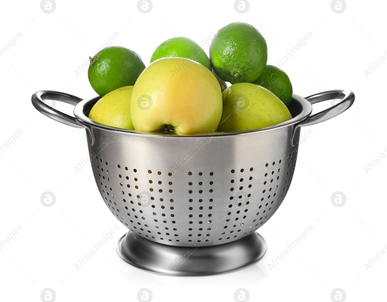 Photo of Colander with fresh fruits isolated on white