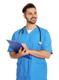 Photo of Portrait of medical doctor with clipboard and stethoscope isolated on white