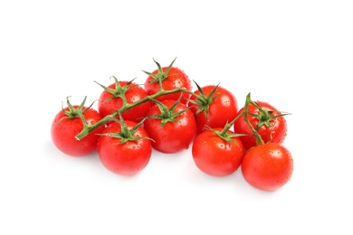 Photo of Branch of fresh cherry tomatoes isolated on white