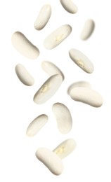 Many beans falling on white background, vertical banner design. Vegan diet 