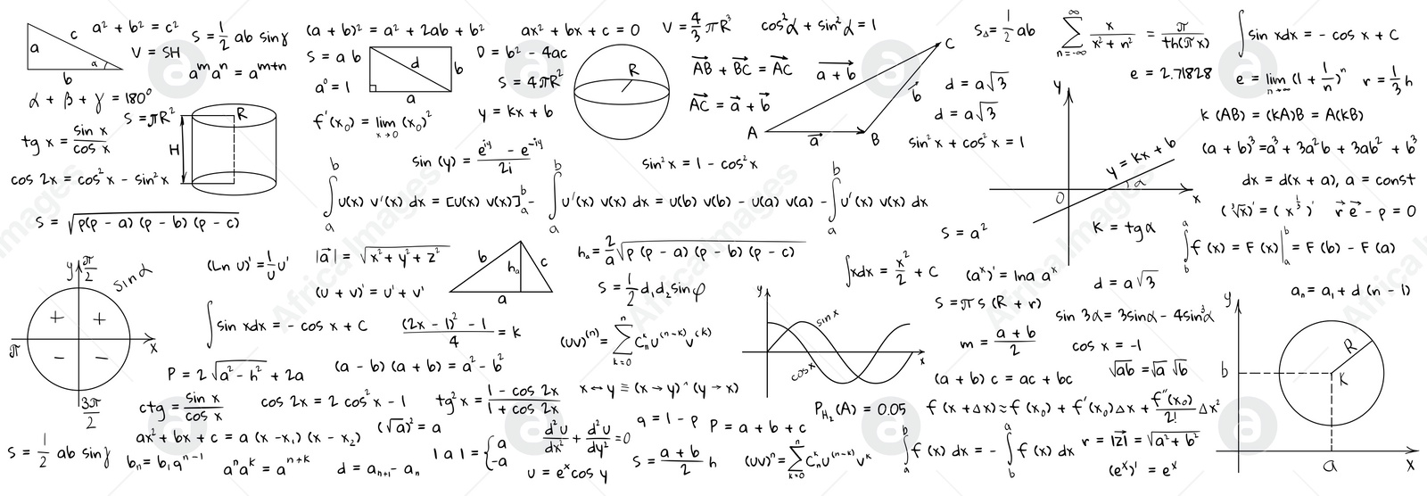 Image of Many different math formulas on white background, illustration. Algebra and Geometry