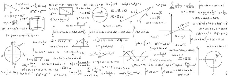 Image of Many different math formulas on white background, illustration. Algebra and Geometry