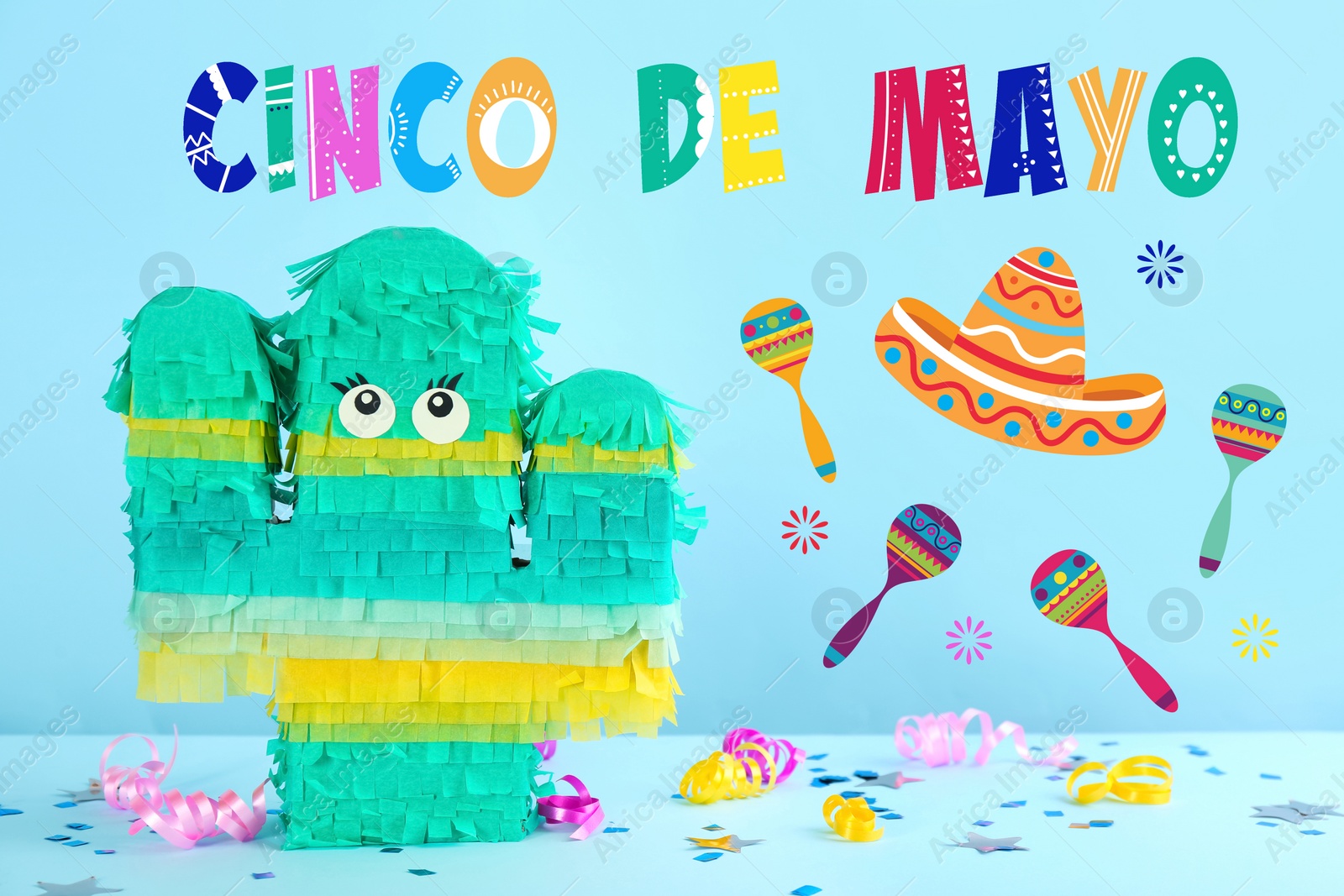 Image of Cinco de Mayo festive poster. Bright funny pinata on light blue background