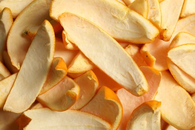 Photo of Many orange peels preparing for drying as background, closeup