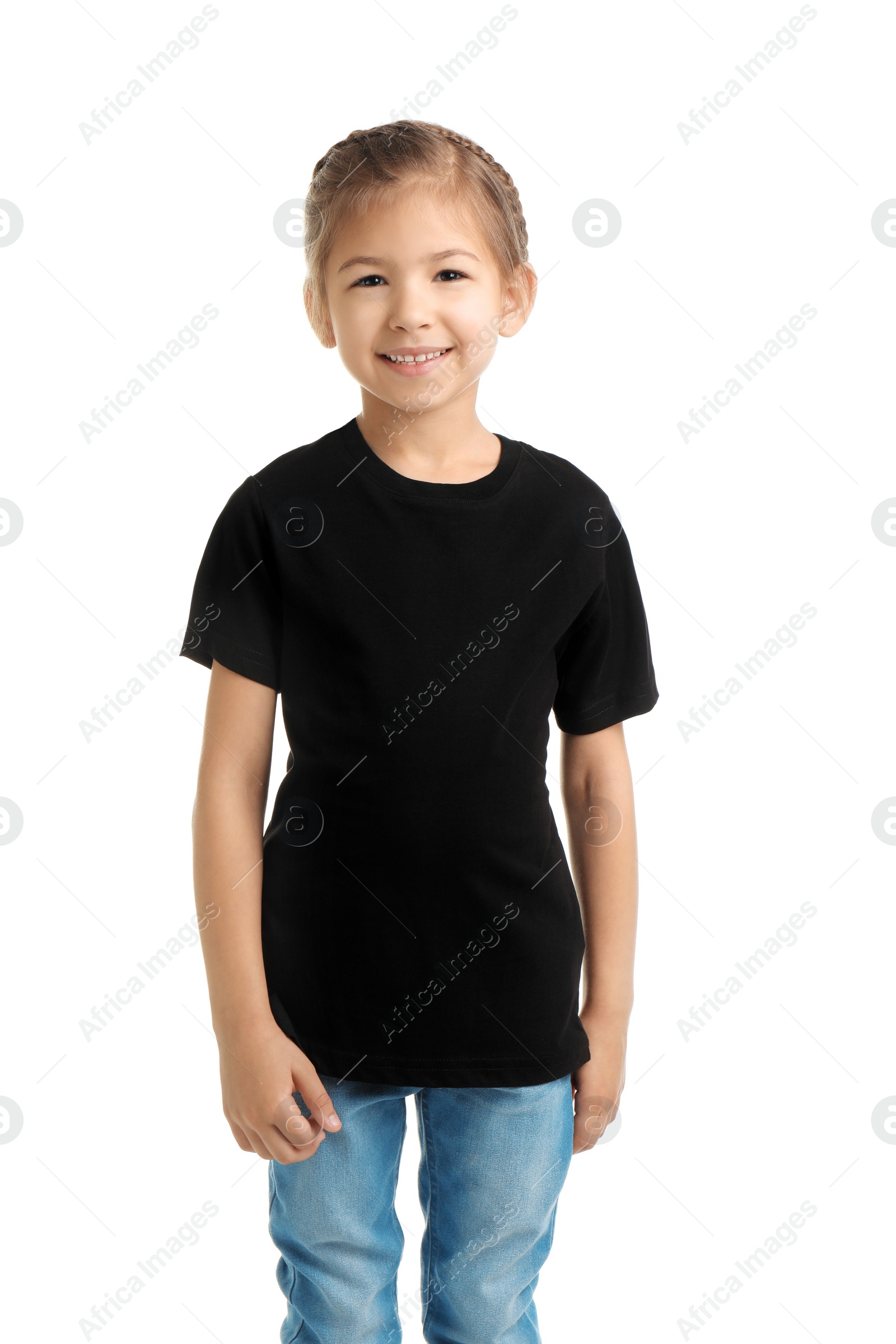 Photo of Little girl in t-shirt on white background. Mockup for design