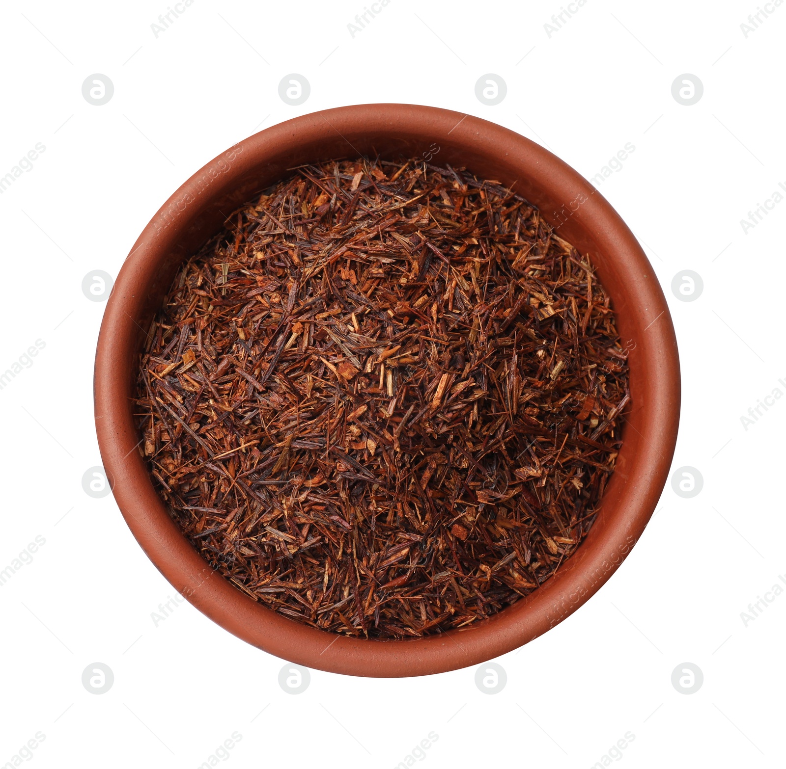 Photo of Rooibos tea in bowl isolated on white, top view