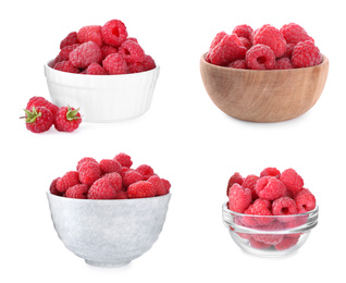 Set of fresh ripe tasty raspberries in bowls on white background