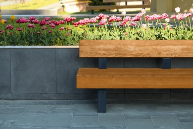 Photo of Wooden bench near flowerbed outdoors on sunny morning