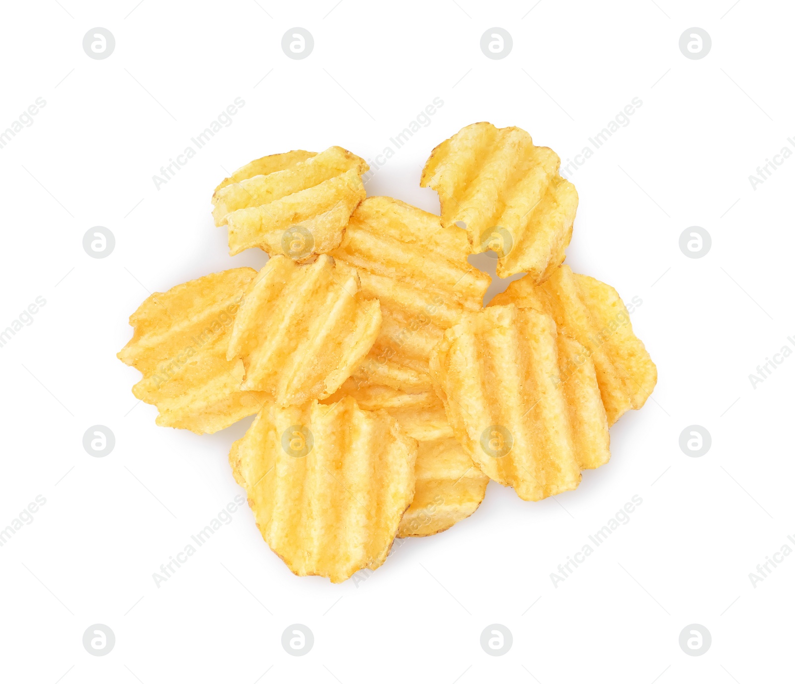Photo of Heap of delicious ridged potato chips on white background, top view