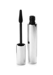 Photo of Mascara for eyelashes on white background. Makeup product