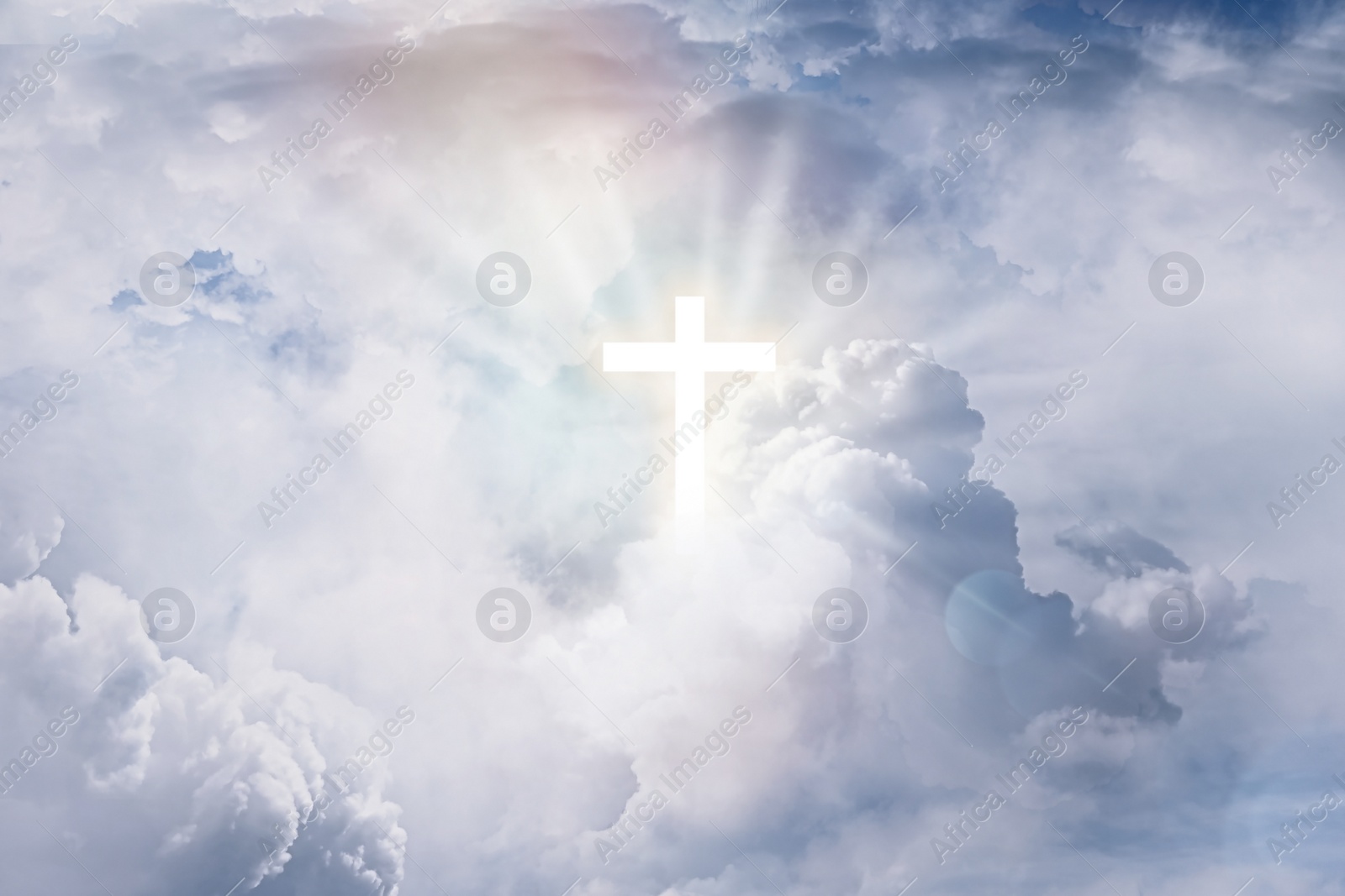 Image of Cross silhouette in sky with clouds. Resurrection of Jesus