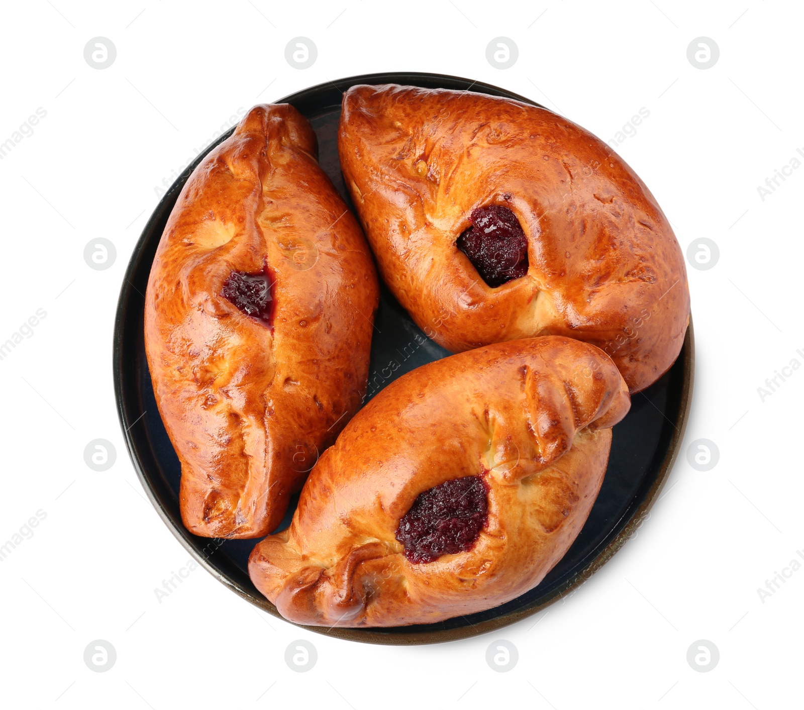 Photo of Delicious baked patties with cherry on white background, top view