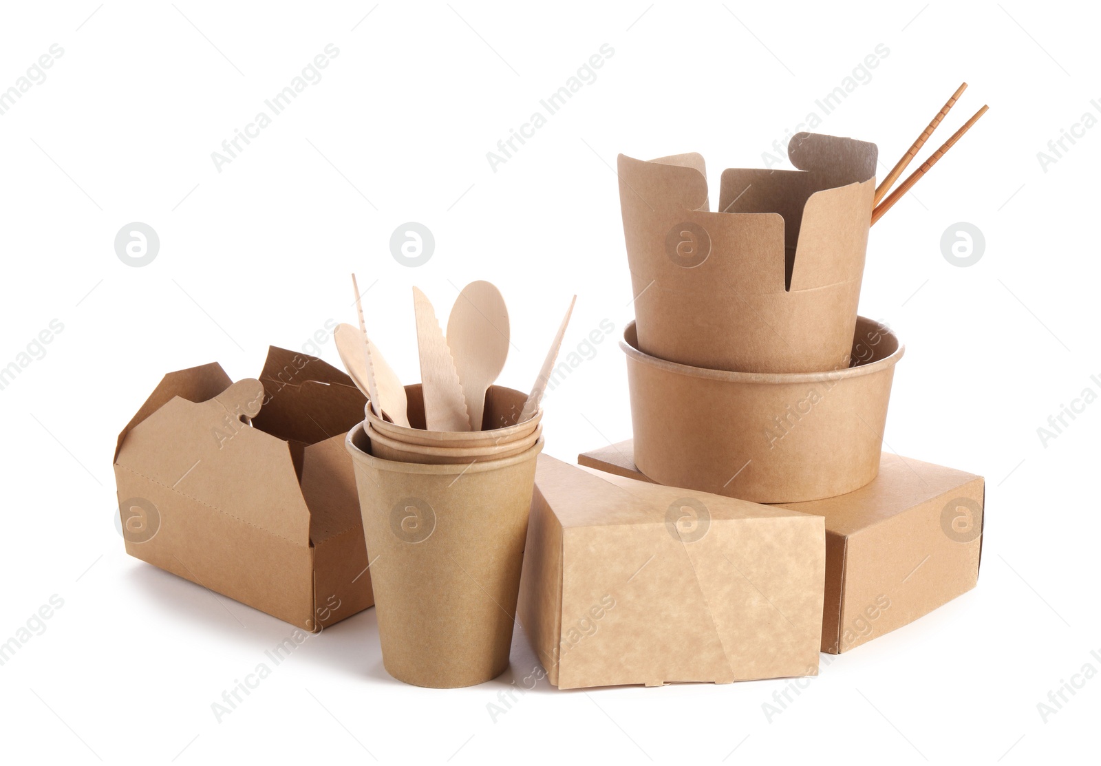 Photo of Eco friendly food packagings and wooden cutlery isolated on white