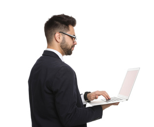 Photo of Young businessman with laptop on white background