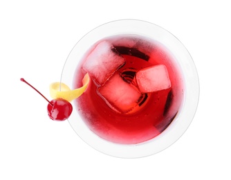 Glass of tasty refreshing cocktail on white background, top view