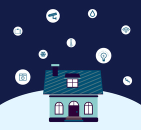 Illustration of smart home technology with automatic systems and icons on color background