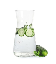 Photo of Jug of fresh cucumber water on white background