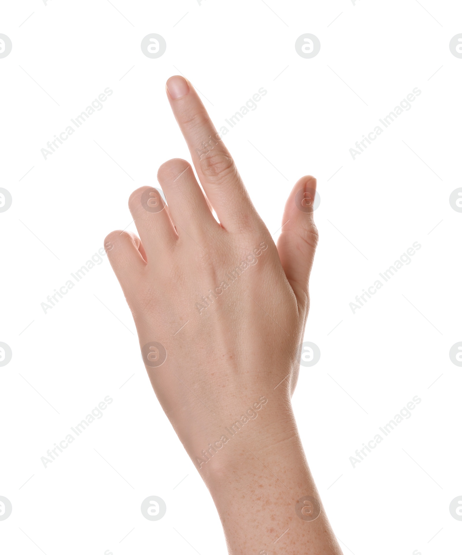 Photo of Woman pointing at something on white background, closeup