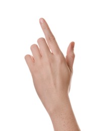 Photo of Woman pointing at something on white background, closeup