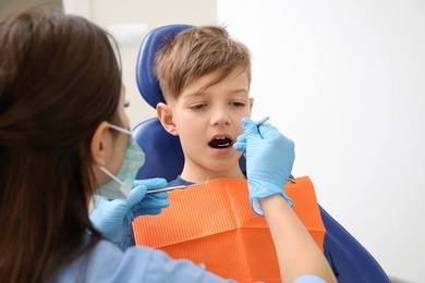 Professional dentist working with little boy in clinic