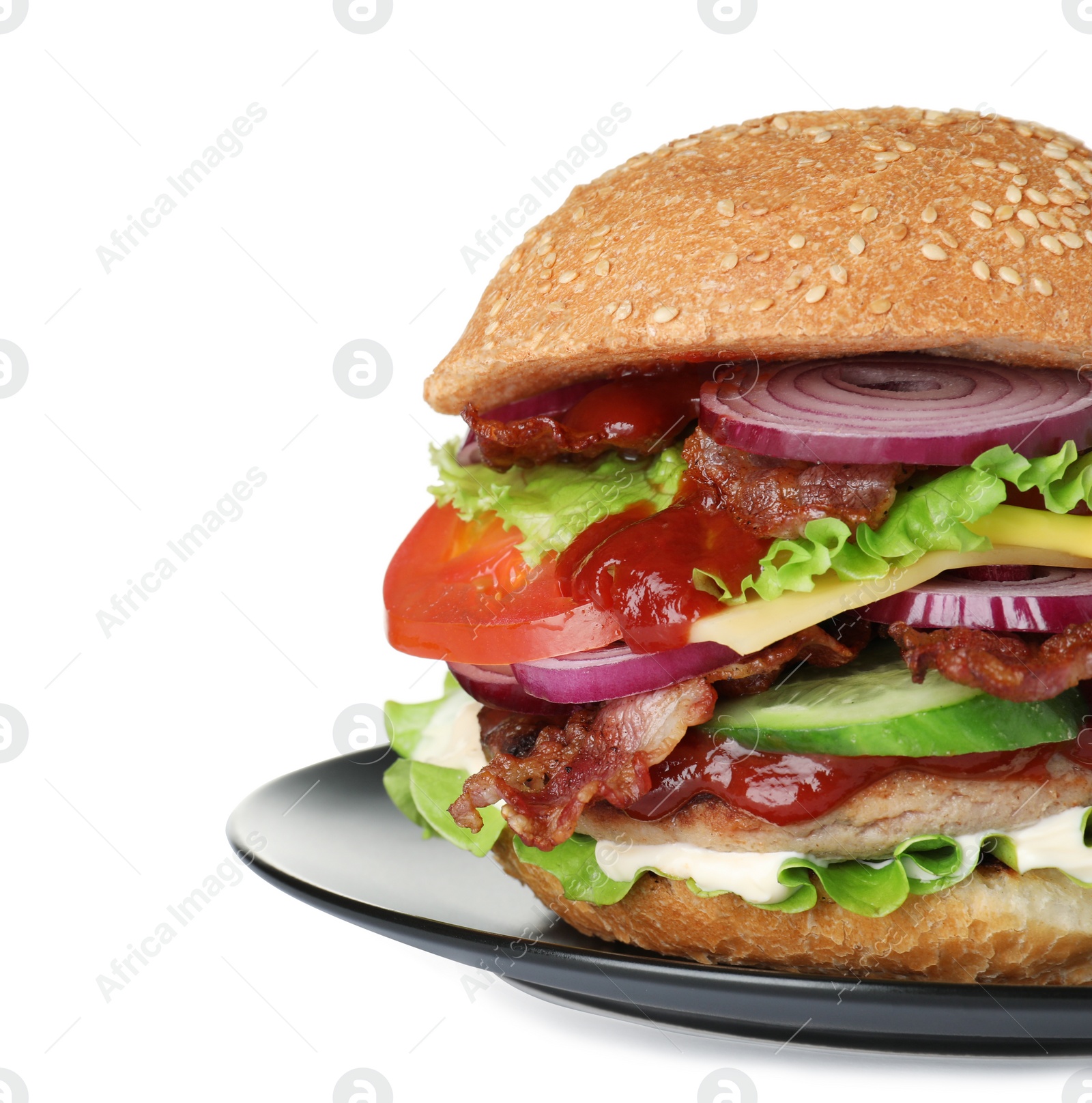 Photo of Plate with fresh tasty burger isolated on white background