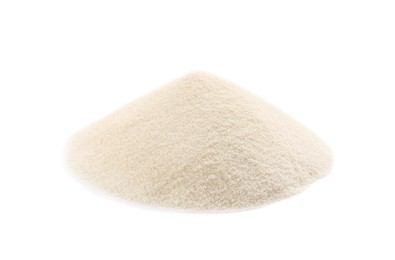 Photo of Pile of uncooked organic semolina isolated on white