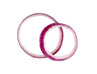 Photo of Red onion rings on white background, top view