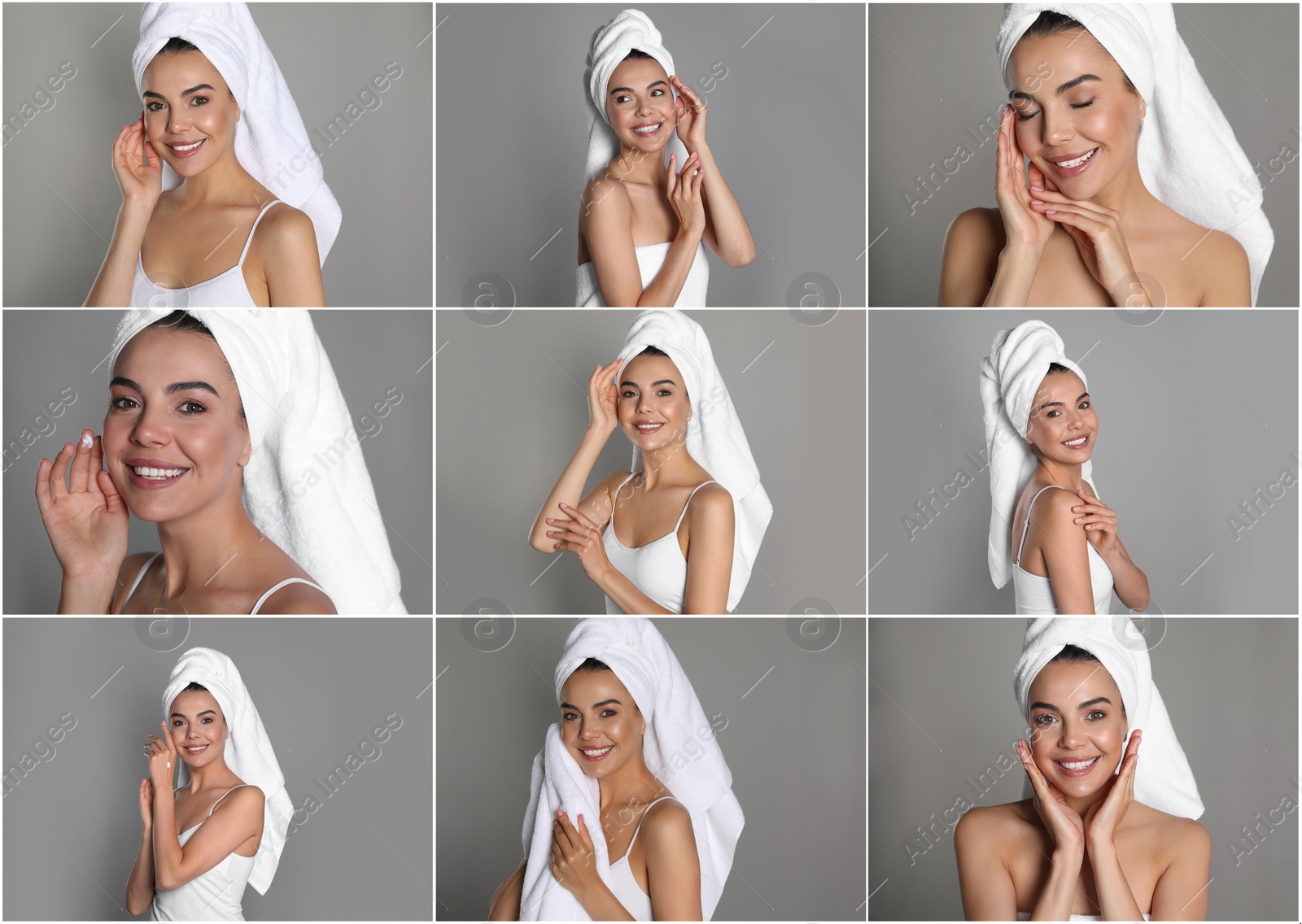 Image of Collage with photos of beautiful young woman with towels on grey background