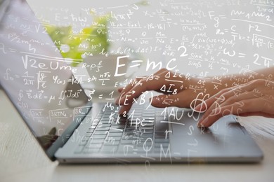 Image of Science and education concept. Illustration of basic physics and mathematics formulas and woman working on laptop at table, closeup