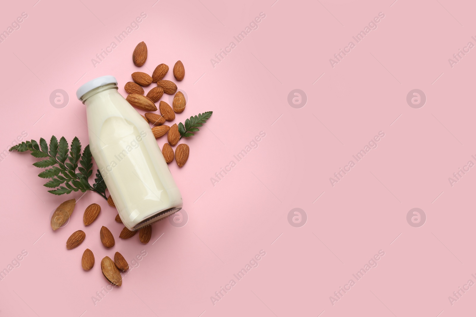 Photo of Vegan milk and almond nuts on pink background, flat lay. Space for text