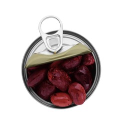 Tin can with kidney beans on white background, top view