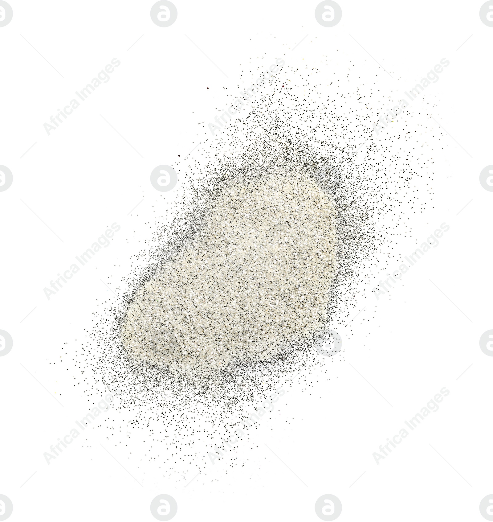 Photo of Heap of sparkling silver glitter on white background, top view