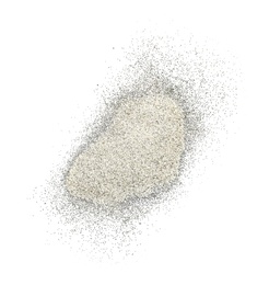 Heap of sparkling silver glitter on white background, top view