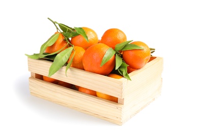 Photo of Wooden crate with tasty ripe tangerines on white background