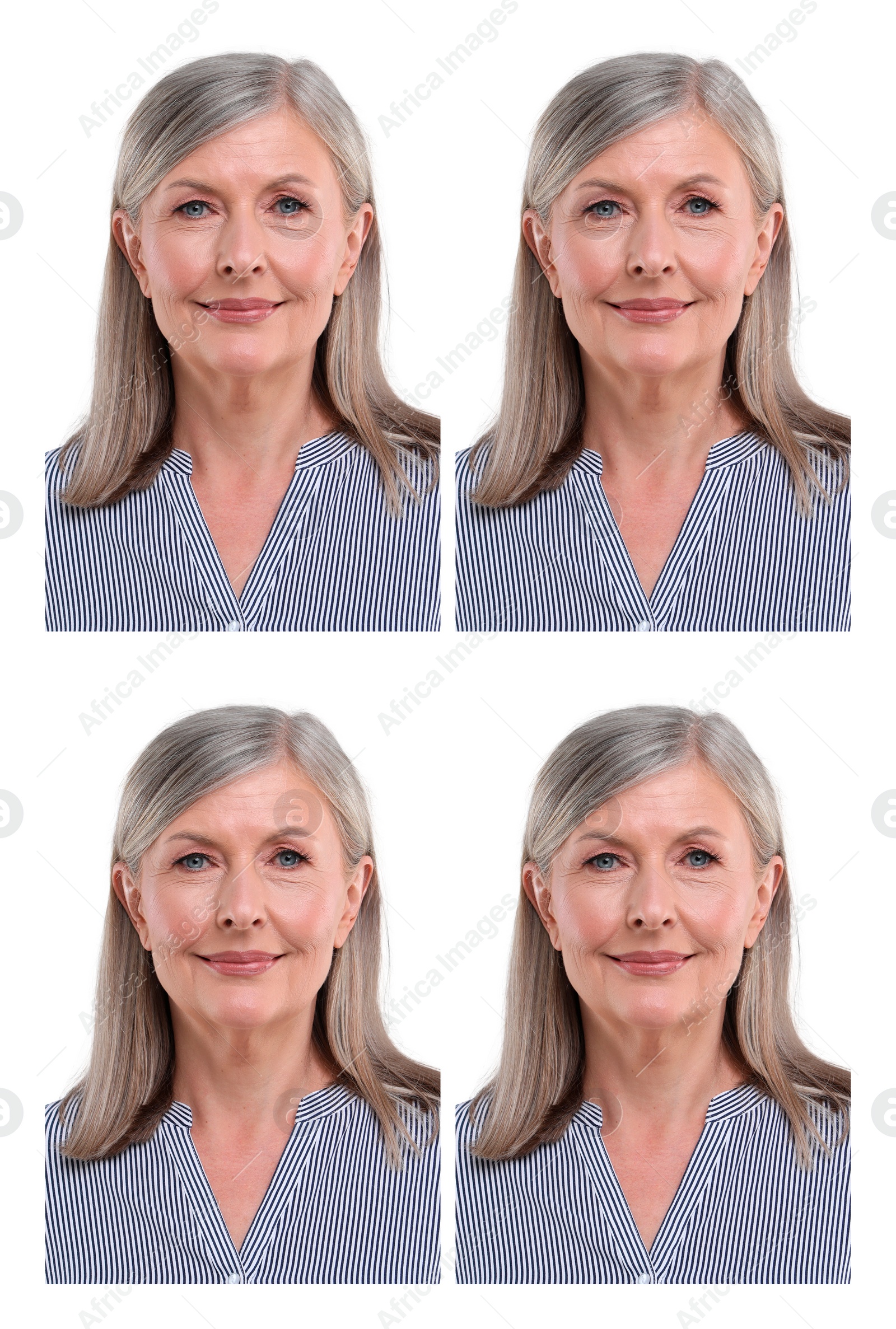 Image of Passport photo, collage. Woman on white background, set of photos