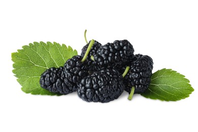 Photo of Many fresh ripe black mulberries with leaves on white background