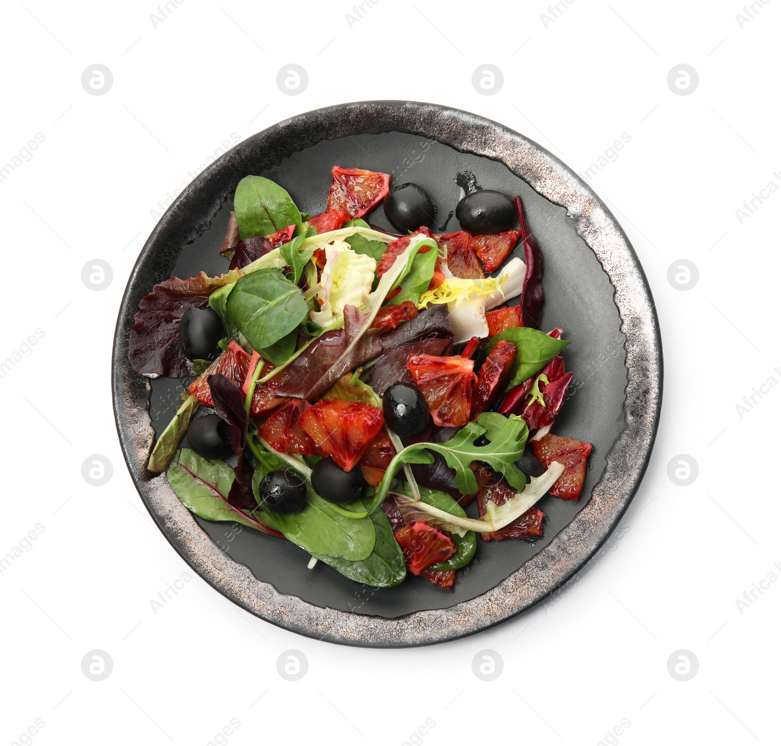 Photo of Delicious salad with sicilian orange on white background, top view